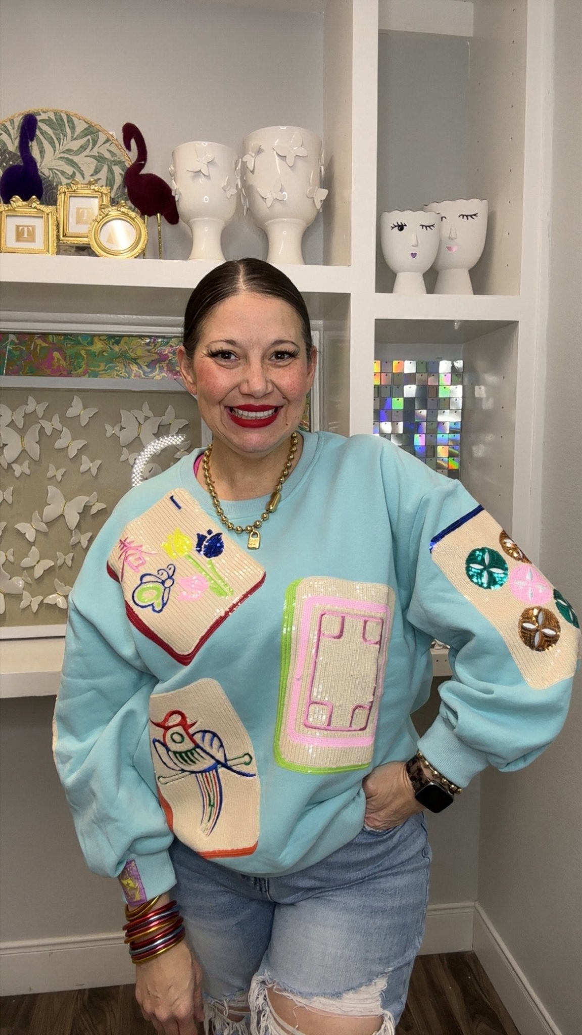 QOS Aqua Scattered Mahjong Tile Sweatshirt